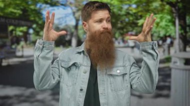 İnsanlar canlı şehir sokak sahnesinde başlarının yanında yayılmış parmaklarıyla ellerini kaldırır; şaşkınlık ve merak.