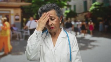 Eski kasaba sokaklarında steteskoplu kıdemli kadın doktor şehir ortamında endişeli görünüyor, tıbbi farkındalık ve çevre sağlığını ima ediyor..
