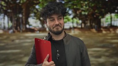 Sakallı ve kırmızı panolu genç adam ağaçlarla kaplı güneşli yeşil bir parkta dikiliyor..