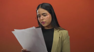 Gözlüklü genç bir kadın turuncu arka planda gazete okuyor, elindeki belgelere dikkatle odaklanıyor..