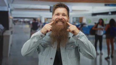 Havaalanı terminalinde sırıtırken işaret parmağıyla sakalı işaret eden genç adam:.
