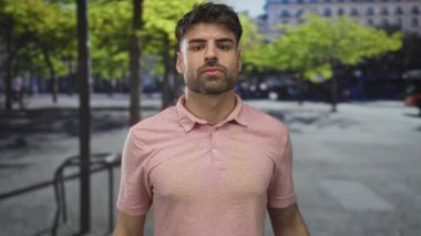 Yeşil ağaçlar ve modern binalar manzaralı, parlak şehir caddesinde insan başparmağıyla göğsü gösteriyor; gurur..