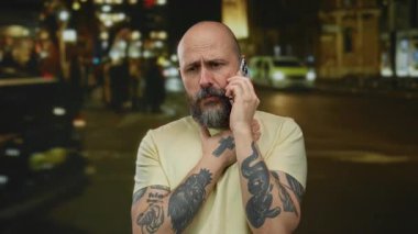 Dövmeli kel bir adam, gece şehir sokağında telefonda konuşurken rahatsız edici bir ifade sergiliyor..