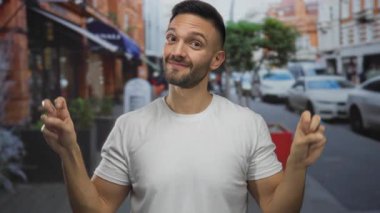 Genç İspanyol adam şehir sokaklarında jest yapıyor. Şehirde beyaz gömlek giyiyor. Etrafında binalar ve arabalar var..