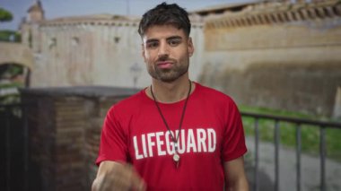 İspanyol cankurtaran cankurtaranı can kurtaran tişörtü giyip bina içinde ıslık çalıyor. Gurur görevi..