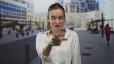 Eli çenesinde olan genç İspanyol bir kadın kalabalık bir caddede beyaz gömlek giymiş ve lenslere bakarak kameraya işaret ediyor. Düşünceli bir merak..
