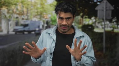 Genç İspanyol adam, dur işareti vermek için şehir caddesinde ellerini kaldırdı..