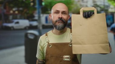 Kentsel caddede elinde kağıt torba olan, kahverengi tulumlu, açık havada gülümseyen, şehrin arka planında sergi açan bir adam..