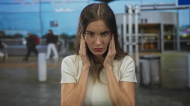Genç kadın, yoğun bir havaalanı terminali koridorunda iki elini de yanaklarına bastırıyor..