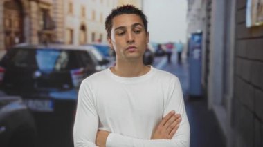 Bir şehir sokağında çapraz kolları olan İspanyol genç adam, arka planda bulanık arabaları ve yayaları ile hareketli bir şehir arka planında şehir yaşamını yansıtıyor..