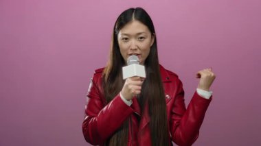 Elinde mikrofon tutan, pembe arka planda kırmızı ceket giyen, modern tarz canlı bir ifade takınan kadın, kadınların güven performansı ile Asyalı kültürünü vurguluyor.