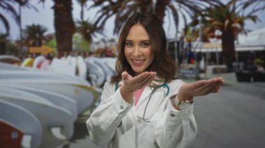 Steteskoplu beyaz önlüklü genç İspanyol kadın bir sokakta palmiye ağaçlarıyla dururken elini uzatıyor..