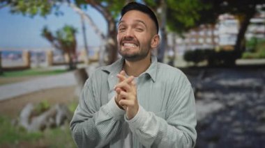 Parkta açık havada İspanyol genç bir adam açık renk bir süveter giyiyor, güneşli bir günde yeşil ortamın tadını çıkarırken neşeli bir ifade ve rahat bir tavırla gülümsüyor..