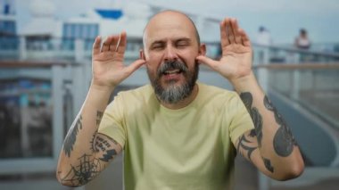 Sakallı ve dövmeli kel bir adam deniz kenarında bulanık bir geçmişi olan bir yolcu gemisinin güvertesinde komik suratlar yapıyor.