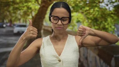 Güneşli bir günde, arka planda karışık duygular gösteren yeşil ağaçlar olan gözlüklü İspanyol kadın parkta başparmağını kaldırarak gülümsüyor..