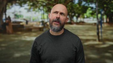 Sakallı beyaz adam güneşli parkta yeşil ağaçlar ve yumuşak ışıkla düşünceli görünüyor. Günlük koyu süveter giyiyor. Açık hava tefekkürünü ve rahatlamayı çağrıştırıyor..