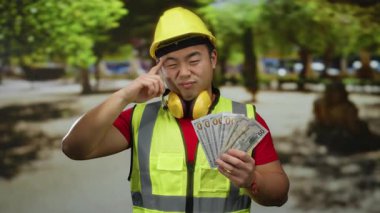 İnşaat malzemeleri içindeki genç adam bir park ortamında dolar banknotları tutuyor, ağaçlar ve güneş ışığıyla çevrili, düşünceli bir yüz ifadesi sergiliyor..