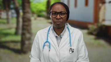 Park ortamında steteskoplu beyaz önlüklü kadın doktor, düşünceli ve kapalı gözlerle derin düşüncelere dalmış ve sağlık sorunlarına odaklanmış görünüyor..