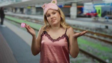 Pembe gece elbisesi ve uyku maskesi takan genç bir kadın tren istasyonunda elinde bir fincanla bulanık bir platform geçmişiyle kafa karışıklığını dile getiriyor..