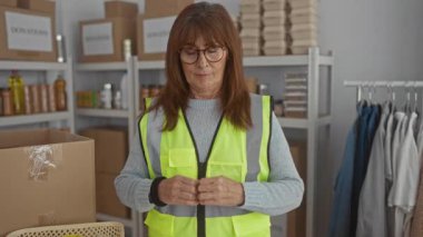 Yansıtıcı yelek giyen kadın, elleri kapalı bir hayır kurumunda kutular ve malzemelerle çevrili kalp şeklinde yapar..