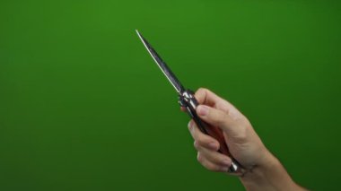 İzole edilmiş yeşil arka planda bıçak tutan bir adam, keskin metal bıçağını kavrayan beyaz bir elde vurguluyor..