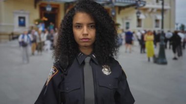 İspanyol üniformalı kadın polis yoğun bir caddede güvenli bir şekilde duruyor, profesyonelliği şehir kaosuyla harmanlıyor..