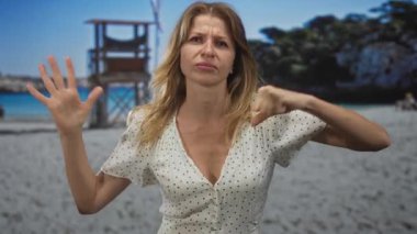 Kadın, kumlu bir sahilde, bir avuç içini diğeriyle birlikte cankurtaran kulesinin önünde sıkıştırıyor..