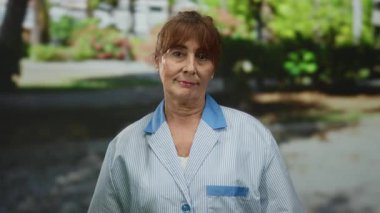 Kıdemli İspanyol kadın parkta jest yaparken gülümsüyor, güneşli bir günde dışarıda üniforma giyiyor..