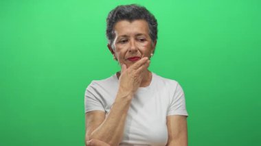 Gri saçlı yaşlı bir kadın canlı yeşil bir arka plana karşı jest yapıyor, beyaz bir gömlek giyiyor ve bir dizi çerçevede düşünceli ve şaşırmış ifadeler sergiliyor..