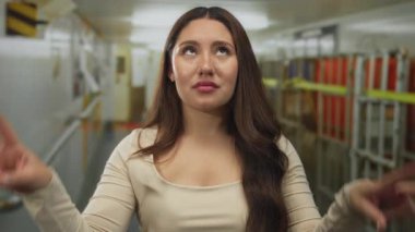 Latin kökenli genç bir kadın kapalı koridorda iki eliyle tırnak işareti yapıyor. İğneleme ve ironi..