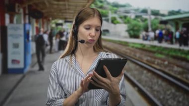 Kulaklık takan ve çizgili gömlekli bir kadın istasyonda tablet tıklatma ekranı tutuyor..