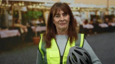 Üst düzey İspanyol kadın, yüksek görünürlüklü yelek ve miğfer ile şehir restoranının teras arka planını selamlıyor..