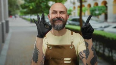 Kel, önlüklü, siyah eldivenli, dövmeli, sakallı bir adam. Şehir sokağında, geçmişi bulanık..