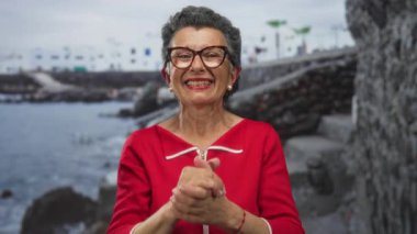 Gözlüklü ve gri saçlı bir kadın, deniz kenarında bir gezinti güvertesinde, kayalık bir plaj arkaplanıyla neşeyle gülüyor, parlak kırmızı bir bluz giyiyor ve sakin bir sahil atmosferiyle çevrili..