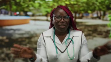 Açık hava parkında steteskopla gülen kadın, bulanık doğal bir arka plana karşı neşeli yüz ifadesini sergiliyor..