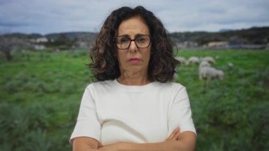 Yeşil parkta kollarını kavuşturan gözlüklü, orta yaşlı İspanyol bir kadın. Reddedilmeyi reddediyor..