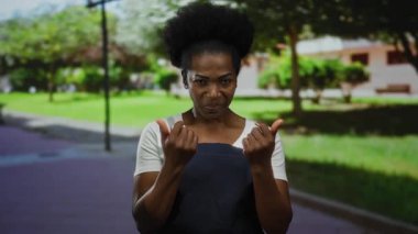 Önlüklü kadın parkta jest yapıyor ağaçlar, çimenler ve patika ile, davetkar, sıcak ifade sergiliyor, açık havayı aydınlatıyor, doğal, huzurlu çevreyi..