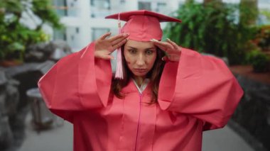 Pembe mezuniyet elbisesi ve şapkası giymiş bir kadın, şehir merkezinde başarıyı ve başarıyı simgeleyen açık havada gururla duruyor.