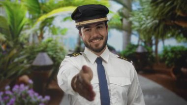 Kılavuz üniformalı, gülümseyen ve elini uzatan genç adam gür yeşil bir park ortamında canlı yeşillik ve rahat bir açık hava ortamı ile tokalaşıyor.