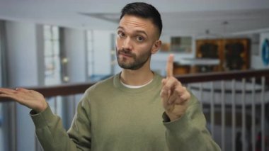 Otel lobisinde el kol hareketi yapan genç bir İspanyol, bir karar noktasını ya da tefekkür durumunu belirtirken inkar ya da kararsızlık öneriyor..