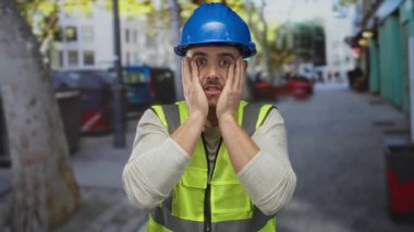 Yansıtıcı yelek ve şapka giyen genç İspanyol bir adam şehir caddesinde dikiliyor. Etrafı inşaat işçileriyle çevriliyken düşünceli görünüyor..