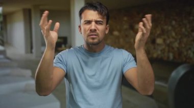 Mavi gömlekli genç adam spa havuzunda kafa karışıklığı yaşıyor. Kolları havada, sakin bir atmosferde tefekkür ediyor..