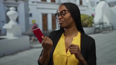 Kentsel alanda elinde Norveç pasaportuyla gezen, gözlüklü ve sarı gömlekli bir kadın, şehrin arka planında güvenini gösteriyor, seyahat ve kimlik temasını vurguladı.