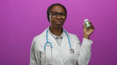 Beyaz önlüklü kadın pembe duvara karşı ilaç şişesi tutuyor. Steteskop boynuna dolanmış ve kafa karışıklığını ifade ediyor..