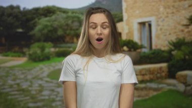 Eski şehirde, arka planda yemyeşil ve taştan binalarla sürpriz yapan bir kadın beklenmedik bir keşfi yakalıyor..