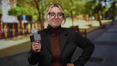 Parkın arka planında ağaçlarla mikrofon tutan kadın muhabir gündüz vakti açık hava röportaj sahnesinde güven ve profesyonellik yayıyor..