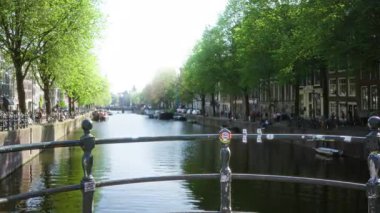 Ağaçlar ve tarihi mimari ile Amsterdam Kanalı 'nın bulanık görüntüsü, Hollanda' da huzurlu, pitoresk bir Hollanda manzarasının özünü yakalıyor..