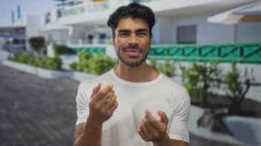 Genç İspanyol adam elleri açık hareket eder ve bina girişinin önünde çıplak kollarını gösterir; iletişim.