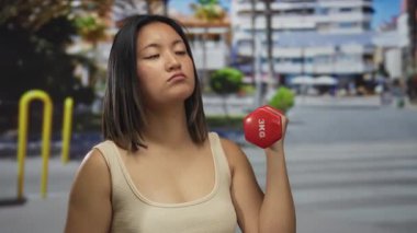 Kadın şehir caddesinde dambılla dışarıda egzersiz yapıyor. Güç ve kararlılık gösteriyor..