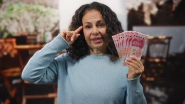 Bir kadın Çin Yuan banknotlarını açık hava restoranının terasında tutarken çılgınca bir jest yapıyor..